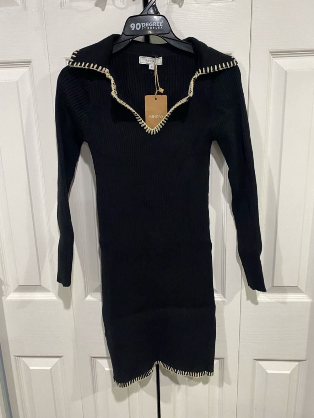 RIHOAS Black Ribbed Long Sleeve Dress with Cream Contrast Stitching